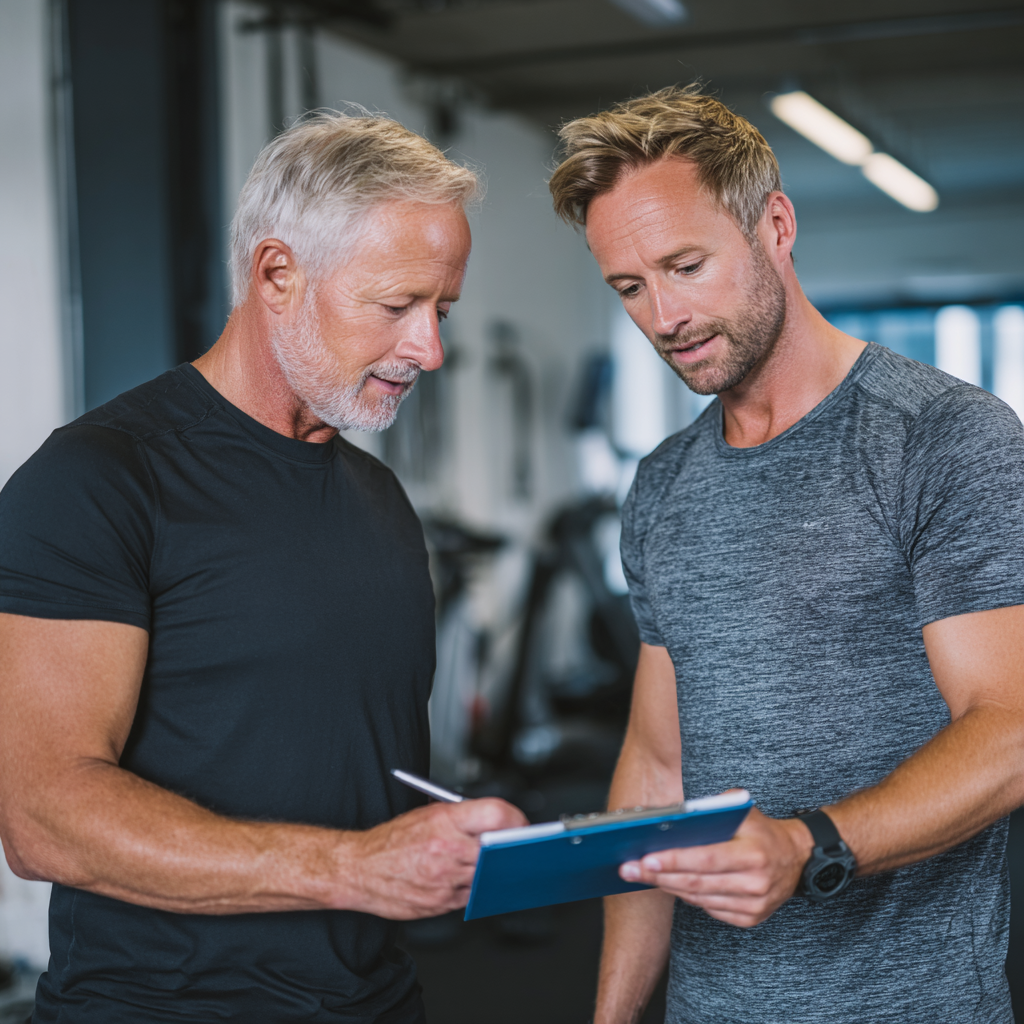 Fitness consultation session with experienced trainer and middle-aged client discussing workout plan