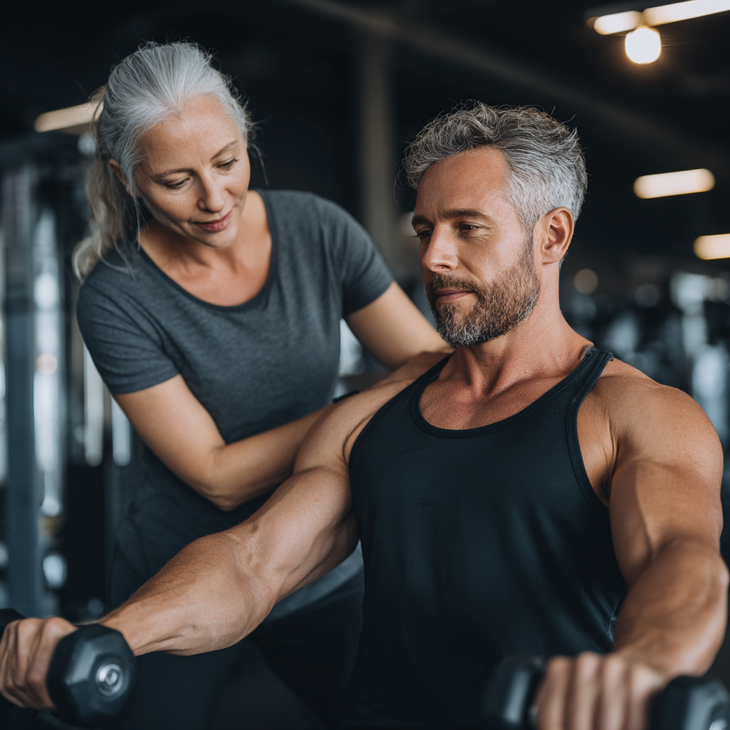 Professional fitness trainer working with middle-aged client in modern gym